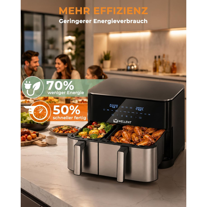 Аерофритюрниця WELLENT Dual Zone XXL 11л (6+6л), 2950W, з двома камерами, вікном перегляду та функцією Match & Sync