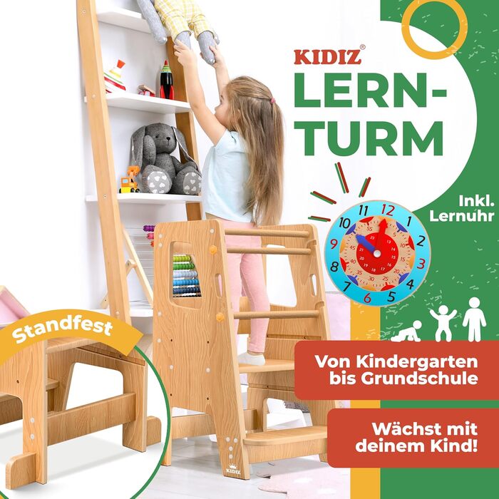 Дитяча помічниця кухня KIDIZ Montessori: регульований стілець-підставка з соснового дерева для дітей від 1 року, з навчальним годинником, витримує до 50 кг