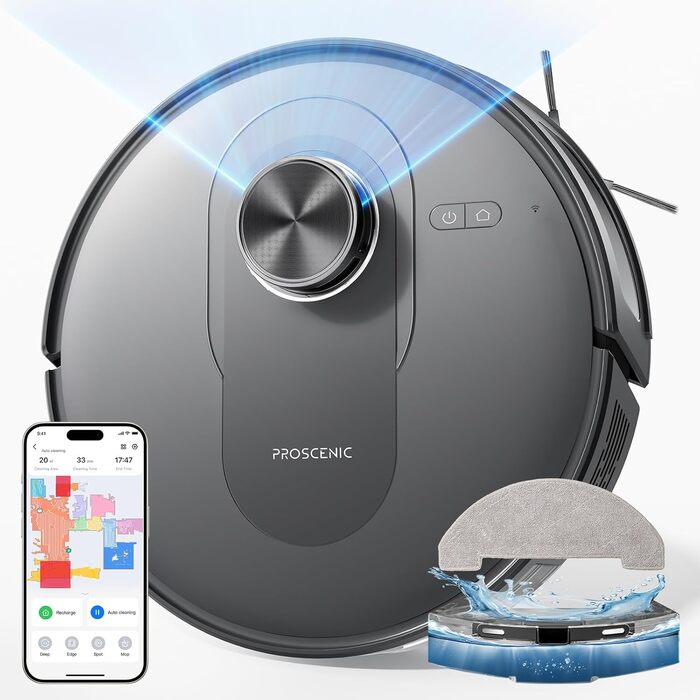 Робот-пилосос Proscenic Q10 з функцією миття, 8000Pa, 200 хвилин роботи, лазерна навігація, керування через додаток, Alexa, Siri, Apple Watch, для підлоги та килима (сірий)