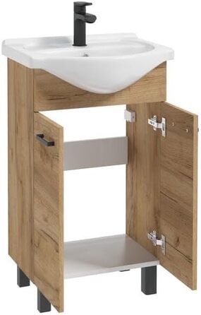 Domodomo Підлогова тумба для ванної з умивальником 85x50x41 см, кераміка, дуб Craft, з шухлядою, сифоном і змішувачем