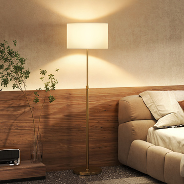 Лампа для читання HOMCOM з пультом дистанційного керування, регульована по висоті, тканинний абажур, металевий штатив, регульована яскравість, вимикач на підставці, золотистого кольору