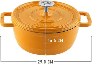 Чавунний емальований сотейник Sallys 'Murat' з кришкою, 2,2 л, гірчичний, для всіх плит і духовки, до 250°C, з кулінарною брошурою