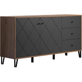 Сервант trendteam smart living Montez, сірий/дуб, 2 двері, 3 шухляди, фрезеровані фасади, металеві ніжки, 183x76x40 см