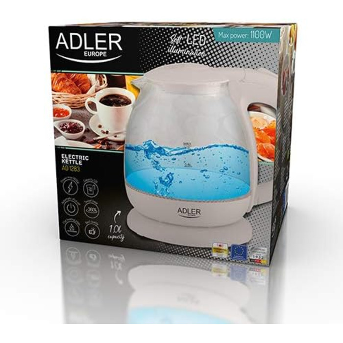 Електричний чайник Adler AD 1238, скляний, 1 л, 1100 Вт, LED-підсвічування, бежевий