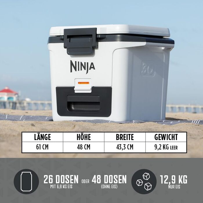 Термобокс Ninja FrostVault 28 л, преміум ізоляція, зберігає лід до 6 днів, висувна шухляда для сухих продуктів, місткість 48 банок, білий