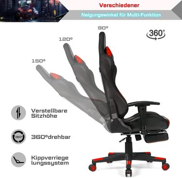 Ігрове крісло RELAX4LIFE 360° з LED-підсвіткою, регульованими підлокітниками, спинкою та підніжкою, офісний комп'ютерний стілець з лордозною та головною підтримкою, дистанційне керування, червоний