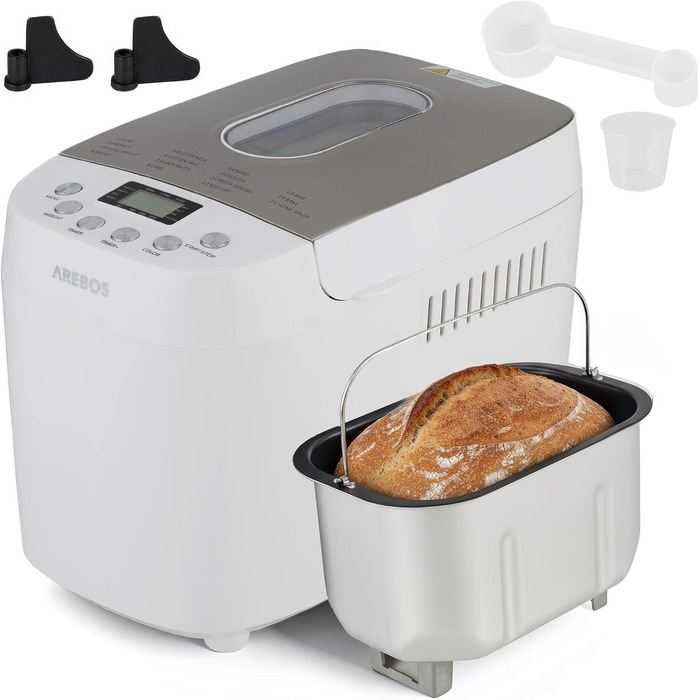 Хлібопечка Arebos 1500г з 15 програмами, таймером та LCD дисплеєм | 850 Вт | Білий