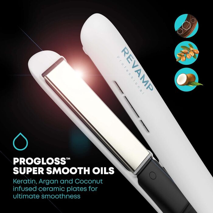 Керамічний випрямляч для волосся Revamp Progloss Ion Shine з іонною технологією, інфрачервоним нагрівом, збагачений кератином, аргановою та кокосовою олією, регулювання температури, білий