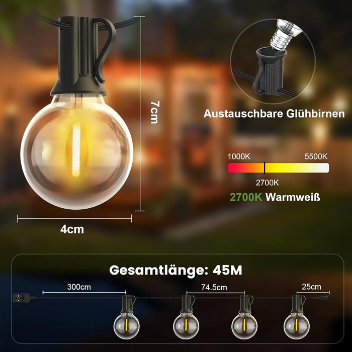 Гірлянда світлодіодна вулична Yuusei 60м з димером, IP45, 82 LED G40 для саду, тераси, вечірки