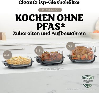 Скляна аерофритюрниця Ninja CRISPi PRO XL Air Fryer з 5 функціями, контейнерами CleanCrisp (5,7 л та 2,3 л) та кришкою для зберігання, AS090EUGN (Stone Gold)