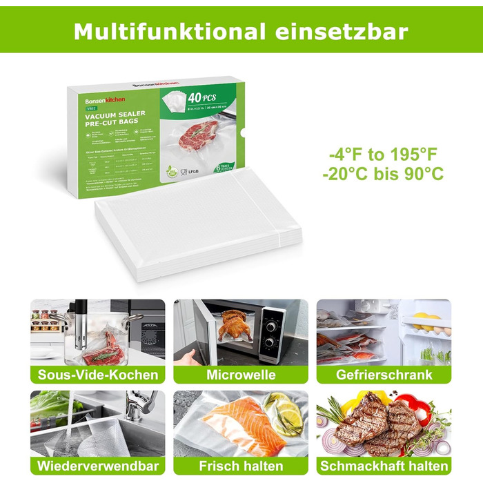 Пакети вакуумні Bonsenkitchen Profi VB3205 (20x30 см, 40 шт) для харчових продуктів, Sous Vide, вакуумних апаратів, без BPA