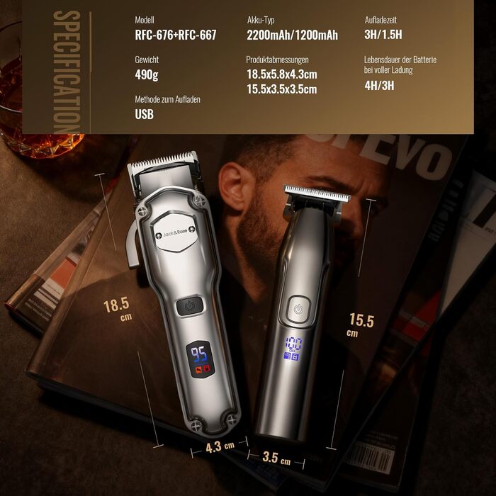 Машинка для стрижки волосся Jack & Rose Pro Kabellos, IPX7 Водонепроникна, Триммер для бороди та вусів, Набір для догляду для чоловіків, Сріблястий