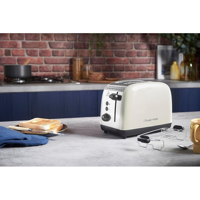 Тостер Russell Hobbs Colours Plus Edelstahl Creme на 2 тости, нержавіюча сталь - з підставкою для булочок, 6 режимів підсмажування, розморожування, Lift & Look, 1600 Вт