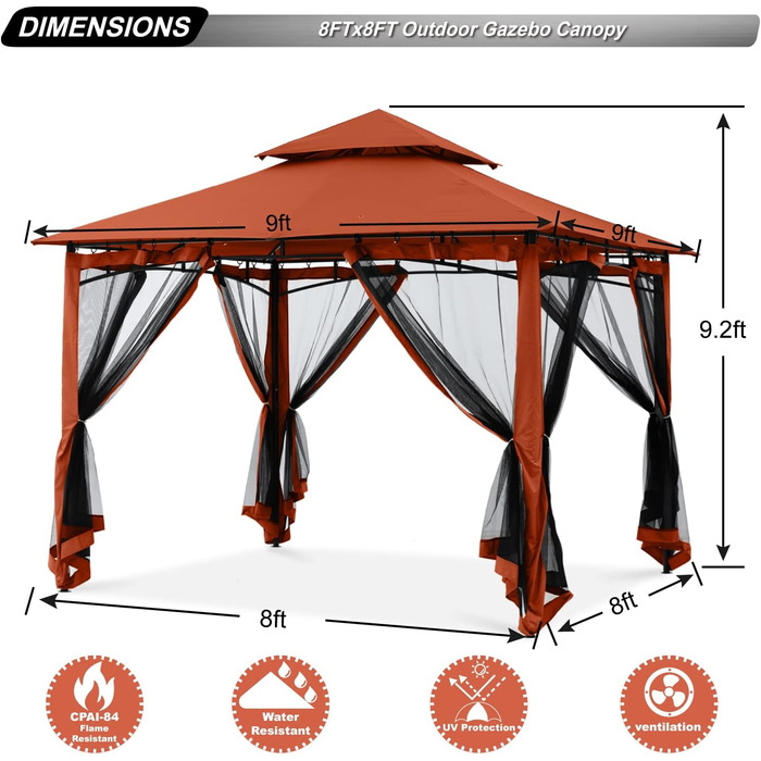 Павільйон садовий ABCCANOPY 2.5x2.5м водонепроникний, з москітною сіткою, сталевий каркас, сірий - для вечірок та захисту від сонця та дощу