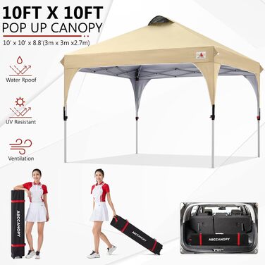 ABCCANOPY Павільйон 3x3 м водонепроникний, складаний, для саду та фестивалів, сонцезахисний, з роликовою сумкою, 4 обважнювачами, 4 мотузками, 4 кілками, бежевий