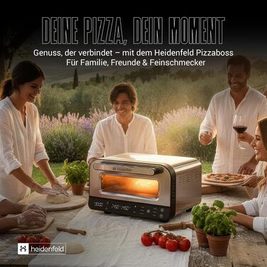 Електрична піч для піци Heidenfeld Pizzaboss, 1850 Вт, до 450°C, повний набір, сріблясто-чорний