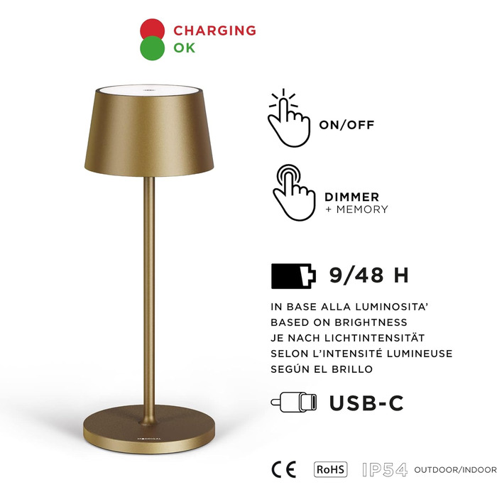 Стільова LED акумуляторна настільна лампа Stilosa 3, затемнювана, IP54, для дому та вулиці, 30 см, темне золото, дизайнерська, USB-C, тепле світло