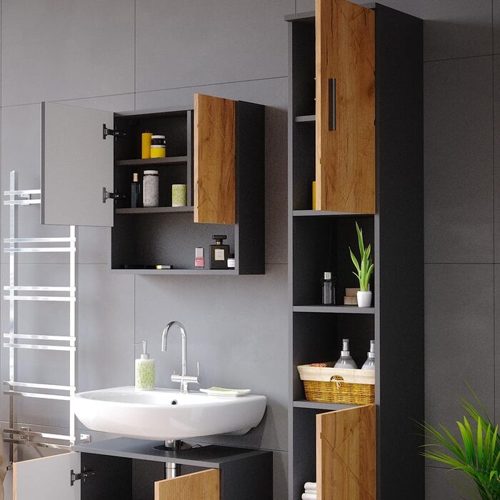 Висока шафа для ванної Vicco Irma, антрацит/дуб золотий, 30x192 см