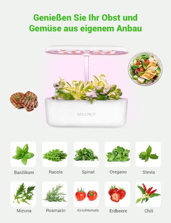 Smart Garden: Гідропонна система для вирощування зелені з LED лампою 26W та 12 капсулами. Регульована висота до 50 см.