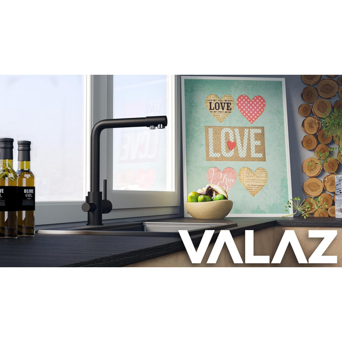 Змішувач для кухні VALAZ 3-х режимів з фільтром для води, чорний матовий | Змішувач для газованої води, економний, швидкий монтаж, поворотний на 360°, серія Nilo