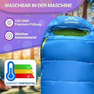 Дитячий літній спальний мішок ALPENWERT для дітей від 6 років (130–170 см), компактний мішок-кокон для кемпінгу та фестивалів, блакитний/неоново-жовтий