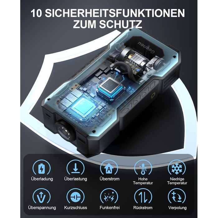 Бустер для авто Starthilfe Powerbank 6000A: пусковий пристрій з компресором 150 PSI, 12V для бензинових (до 9л) та дизельних (до 7.5л) двигунів, синій