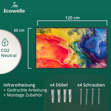 Інфрачервоний обігрівач Ecowelle Classic 1200 Вт, білий, з термостатом, подвійний захист, гарантія 10 років, Німеччина