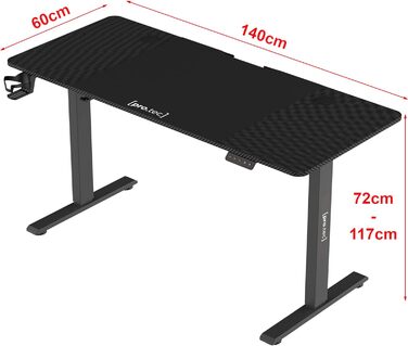 Електричний стіл pro.tec Stryn 140x60 см, регульований по висоті, чорний, з пам'яттю положень, робочий стіл для офісу 72-117 см