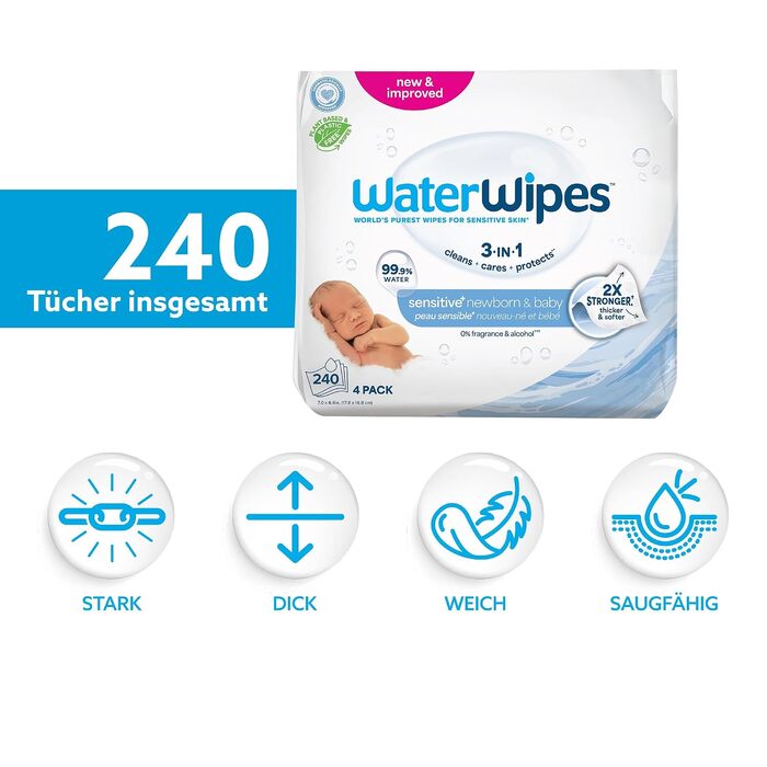 Дитячі вологі серветки WaterWipes Sensitive+ для новонароджених та чутливої шкіри, 99,9% води, 240 шт