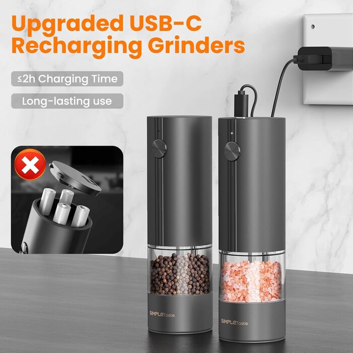 Набір електричних млинків для солі та перцю SIMPLETASTE, USB-аккумуляторні з керамічним механізмом, 2 шт