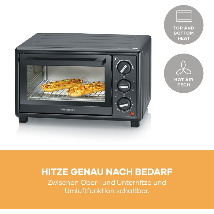 Міні-піч Severin Bake&Toast TO 2078, 20Л, 1600Вт, з конвекцією, таймером, каменем для піци та вертелом, чорна