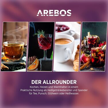 Електричний глінтвейнер Arebos 950 Вт | Диспенсер гарячих напоїв, 6.8 л | З піддоном, краном, термостатом та захистом від перегріву | Регулювання температури 30-110°C, сріблястий