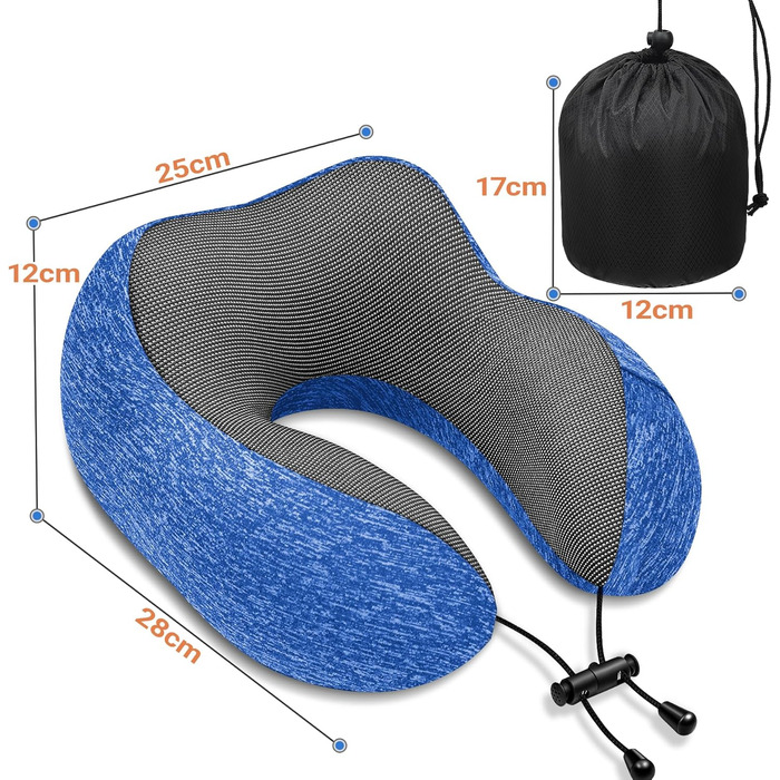 Подушка під шию для подорожей з ефектом пам'яті (Memory Foam) з 3D-маскою для сну та берушами, синя — ідеальна для літака, авто та офісу