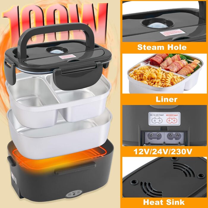 Електричний ланч-бокс Nifogo 1.8L 100W (12V/24V/230V) для авто, вантажівок та офісу, сталь 304, чорний
