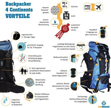 Рюкзак outdoorer Backpacker 4 Continents 85+10 л з фронтальним відкриттям і дощовиком для подорожей, трекінгу та бекпекінгу