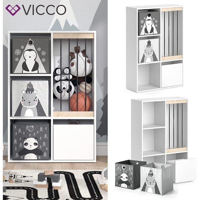Дитяча полиця Vicco Luigi біла 72x107,8 см з 2 складними коробками, опція 5, 72x96 см з коробками Слон/Тигр