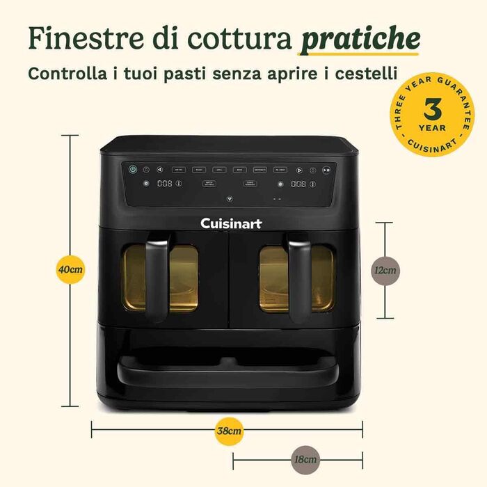 Фритюрниця Cuisinart XXL 10.4L з двозонним нагріванням | Без PFAS та хімікатів | Для смаження, грилю, випікання, дегідратації та підтримання тепла | 2 x 5.2L, 8+ порцій | Знімні деталі, придатні для миття в посудомийній машині (3 камери, чорний)