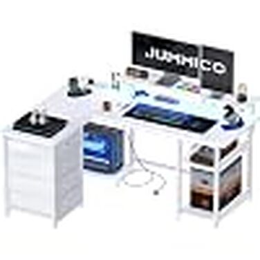Ігровий стіл JUMMICO L-подібний (155 см) з LED-підсвіткою та розеткою, білий (135 x 100 см)