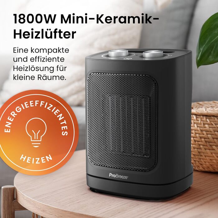 Про Breeze 1800W міні керамічний обігрівач з двома рівнями потужності, автоматичним гойданням та режимом охолодження для ванної, вітальні, офісу, тераси - Чорний