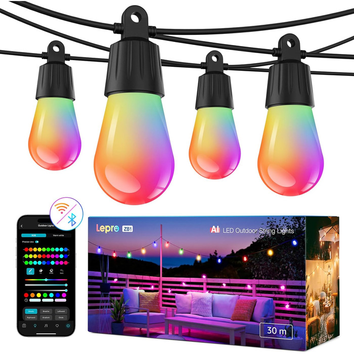 Lepro LED гірлянда для зовнішнього використання 30м, RGB+тепле біле світло, Wi-Fi, керування через додаток, сумісна з Alexa/Google, IP65, AI-дизайнер світла, 30 LED, без пульта