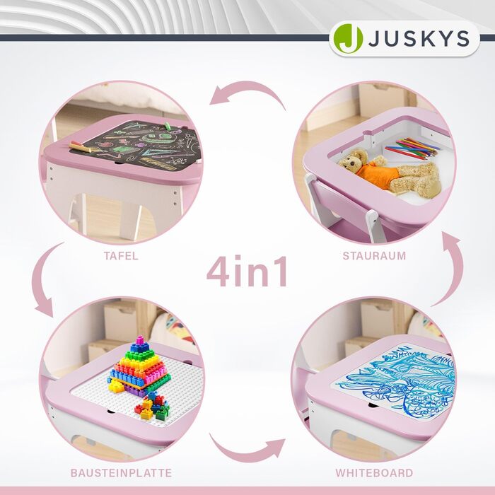 Дитяча стільниця Juskys Milou - комплект з 2 стільців та столу - дерев'яний дитячий столик з місцем для зберігання, стільниця для малювання (рожева)