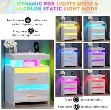 Нічний столик Lvifur з LED-підсвічуванням, сенсором руху та USB/Type-C зарядкою, 2 висувні ящики, бездротова зарядка, 3 кольори, регулювання яскравості, чорний колір