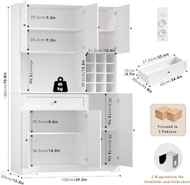 Кухонна шафа FirFurd 180 см з LED-підсвічуванням, буфет, sideboard з розеткою, стільниця, вітрина для 12 пляшок вина, білий колір, 180x100x39 см