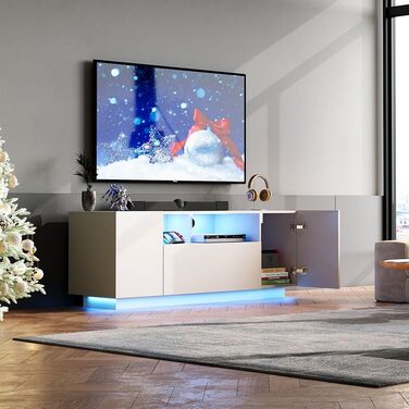 Тумба під телевізор WLIVE з LED підсвіткою, глянцева, 122x36x45 см - 20 кольорів, шафи та відкриті полиці, відкидні дверцята, біла
