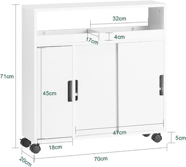 SoBuy BZR02-W шафа для ванної з ДСП, біла, на колесах, з відкритою полицею, вузький бічний стелаж 70x71x20 см
