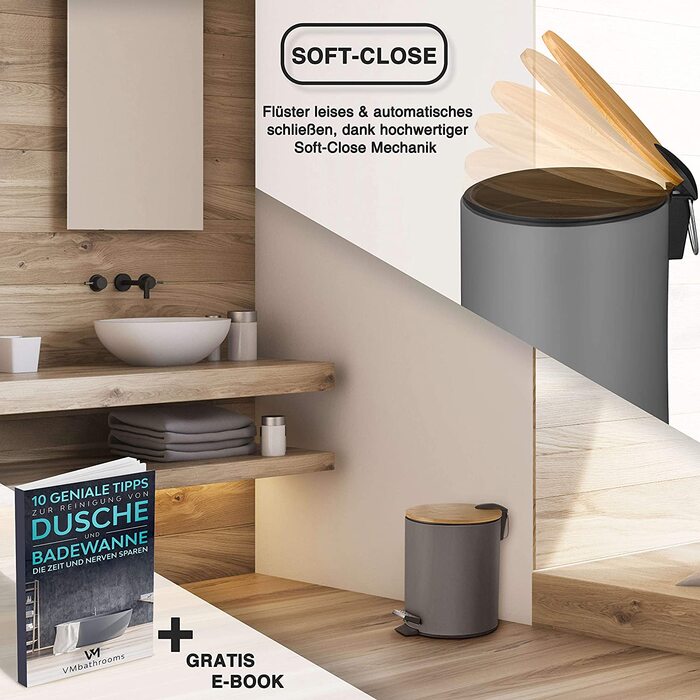 Косметичне відро VMbathrooms 5 л, сіре, з м'яким закриттям, бамбукова кришка, для ванної кімнати