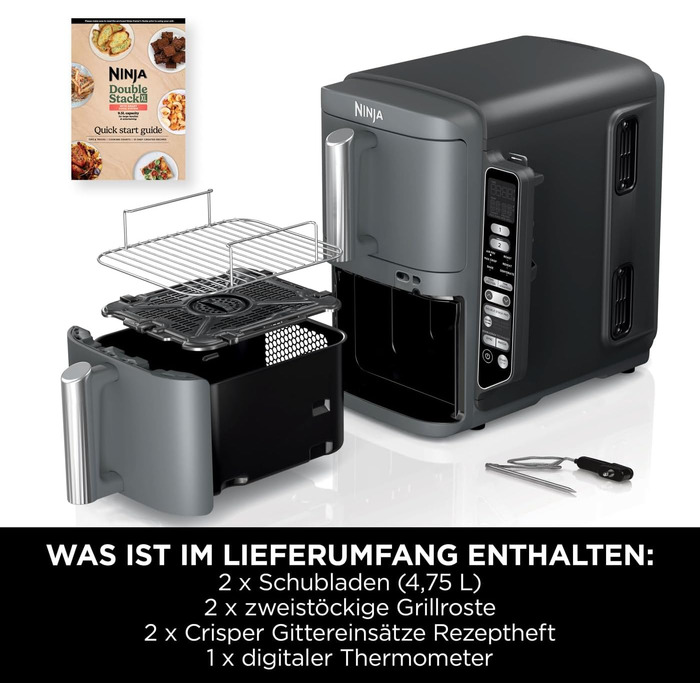 Вертикальна аерофритюрниця Ninja Double Stack XL Air Fryer 9,5 л з цифровим термометром, 6 функцій приготування, 2 рівні, сіра SL451EU
