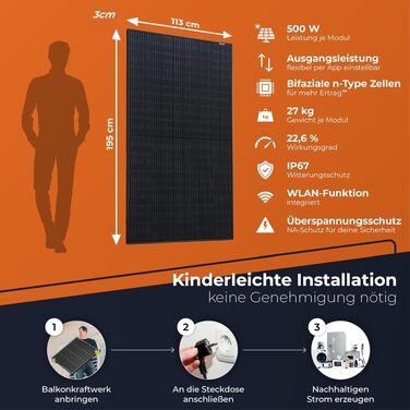 Двобічна сонячна панель Solarway 500W Full Black n-type Glas-Glas для балкона (набір 4 шт), позитивна толерантність потужності