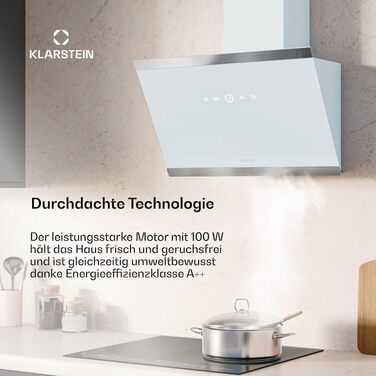 Витяжка кухонна Klarstein FlashLine 60 см, біла — сенсорне керування, продуктивність 524 м³/год, клас енергоефективності A++, LED-підсвітка, режим відведення та рециркуляції повітря