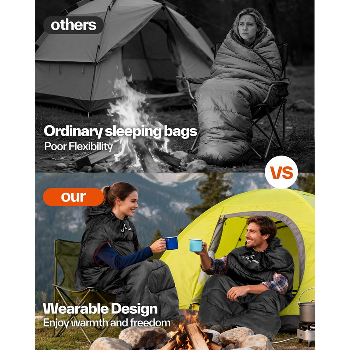 Спальний мішок Sportneer Outdoor у формі ковдри (220×85 см), чорний, температурний режим +10...+26 °C, з отворами для рук